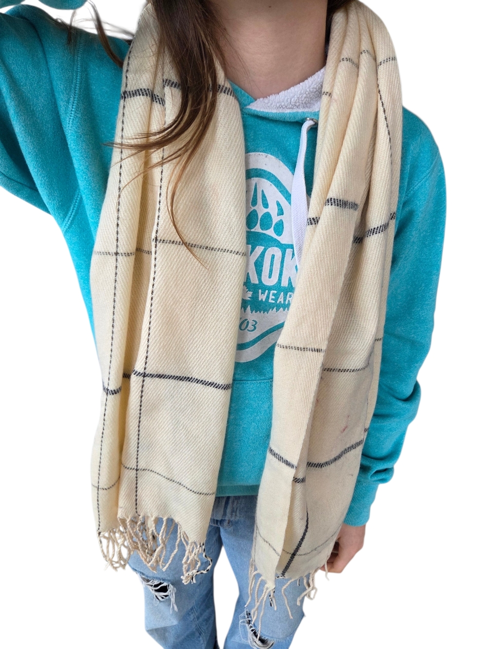 L&P Apparel Neutral Cream Windowpane Fringe Scarf